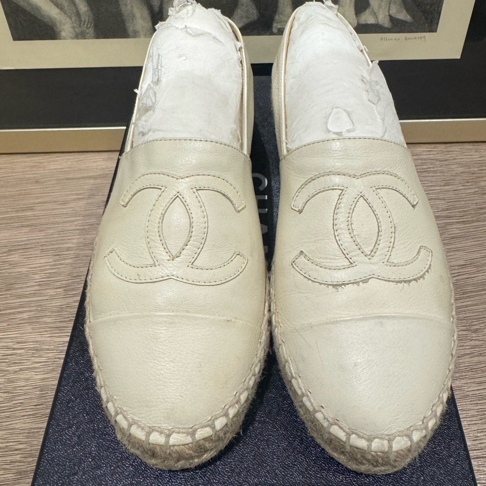 CHANEL White and Tan Espadrilles